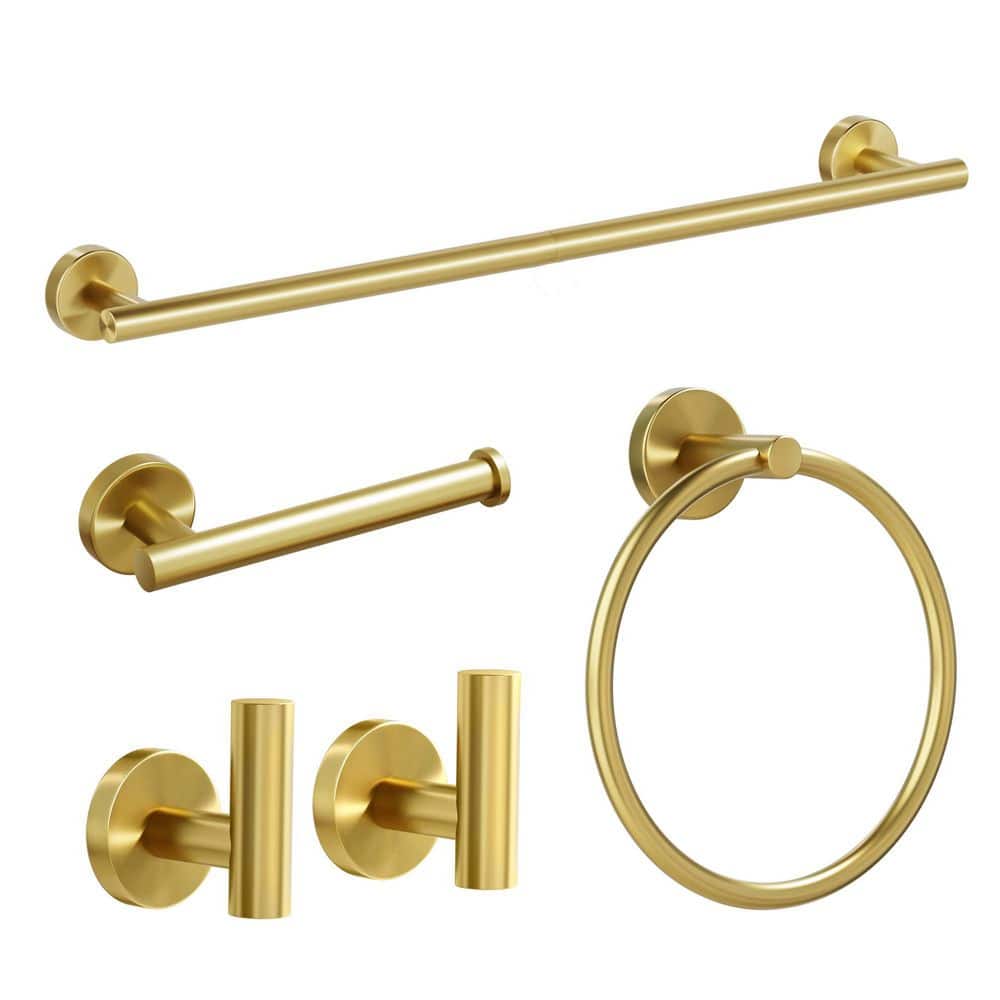 Anqtovp 5-Piece Bathroom Hardware Set with Towel Bar, Towel Ring, Toilet Paper Holder, Hooks in Brushed Gold Finish (1)