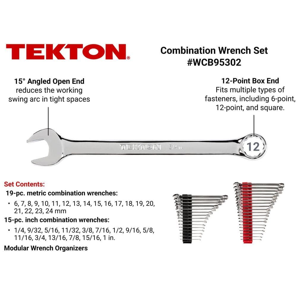 TEKTON 1/4 in. to 1 in., 6 mm to 24 mm Combination Wrench Set with Modular Slotted Organizer (34-Piece) (2)
