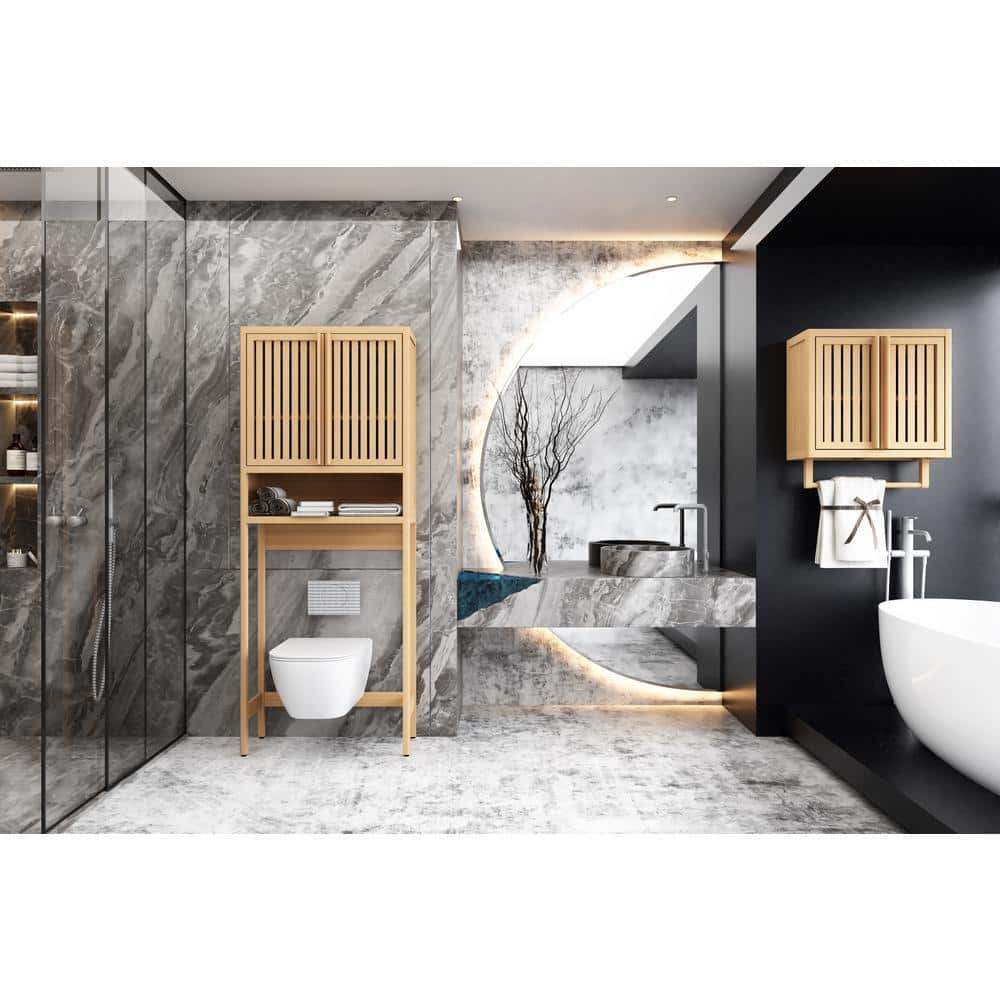 Tileon Neutral 25.51 in. W x 64.76 in. H x 10.24 in. D Brown Over The Toilet Storage with Shelf, Toilet Storage Rack (2)