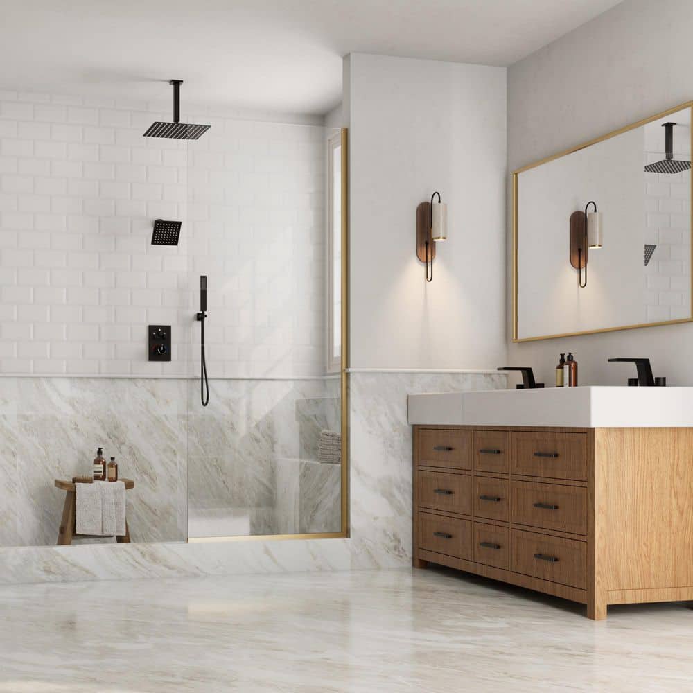GRANDJOY His and Hers Showers 7-Spray 12 in. Thermostatic Cartridge Wall Bar Shower Kit in Matte Black Valve Included (2)