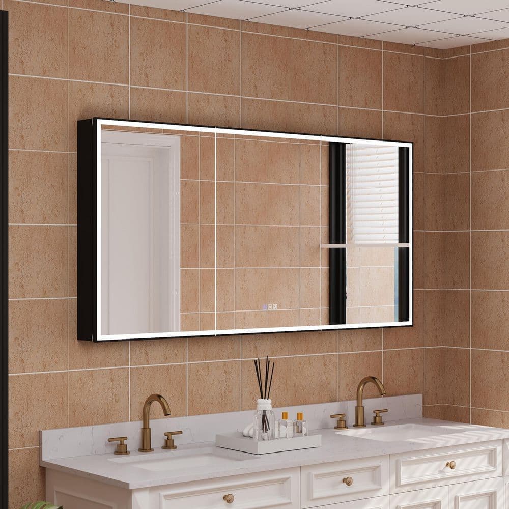 WELLFOR 60 in. W x 30 in. H Rectangular Aluminum Recessed/Surface Mount LED Medicine Cabinet with Mirror, Socket, USB Outputs (1)