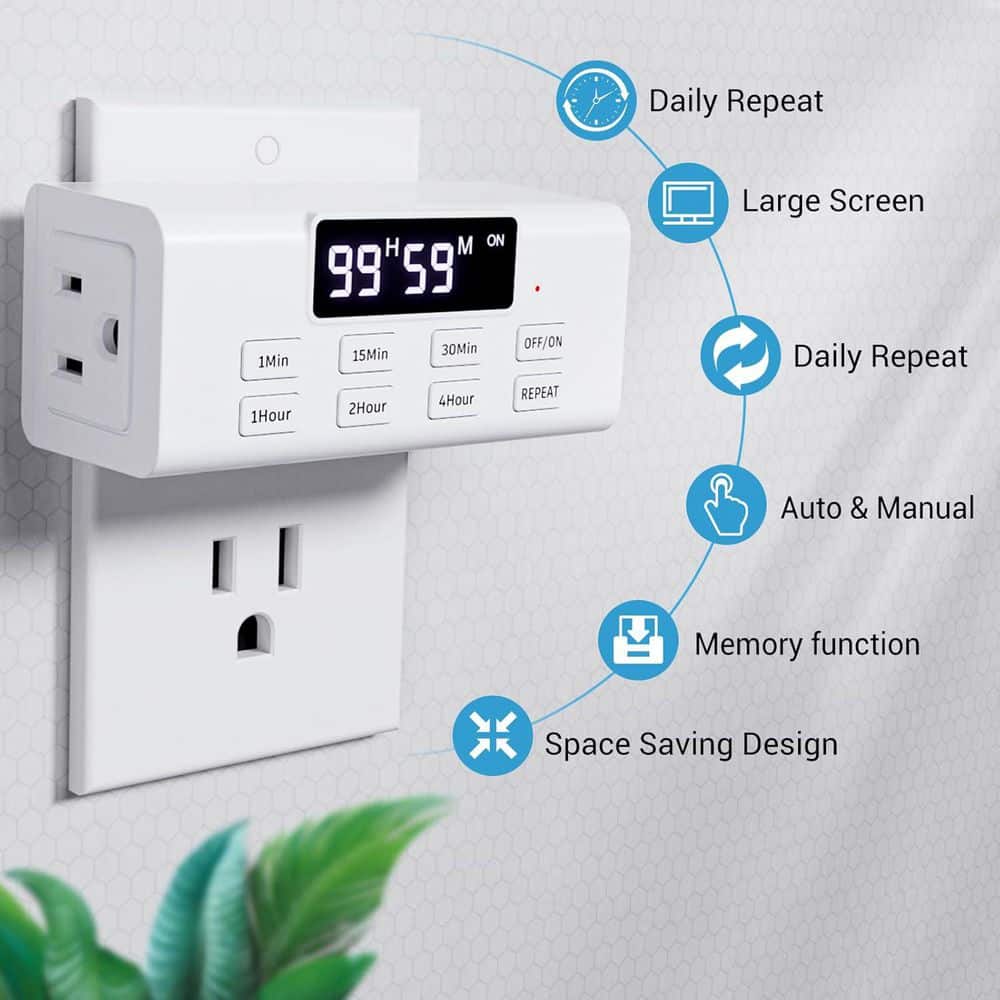 Vrbgify Countdown Timer Outlet, up to 99 Hours with Indoor Auto Shut Off Timers for Charger Lights, Digital Timers, in White (3)