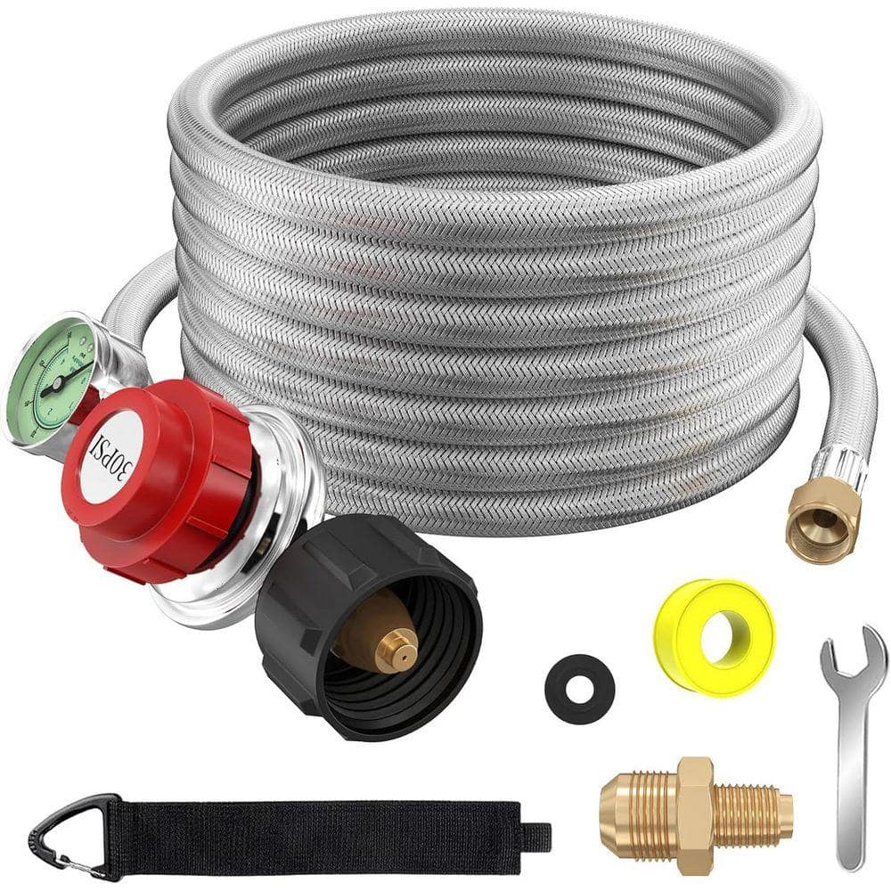 Lukvuzo 12FT Stainless Braided High Pressure Propane Regulator with Gauge 0-60 PSI Gas Flow Indicator 3/8 Flare MNPT Fittings (1)