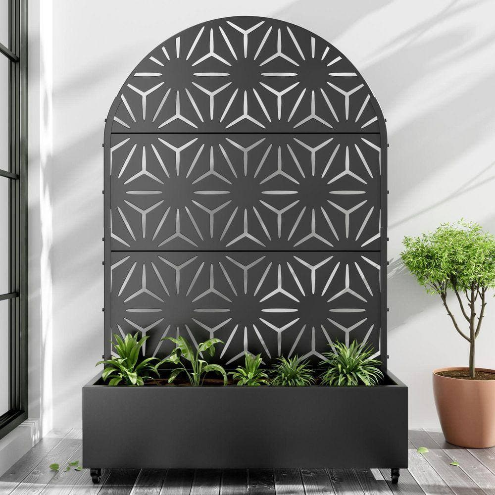 Lirago 72 in. H x 47 in. W Arch Black Outdoor Metal Privacy Screen Planter Box Wall Decor in Star Pattern (3)
