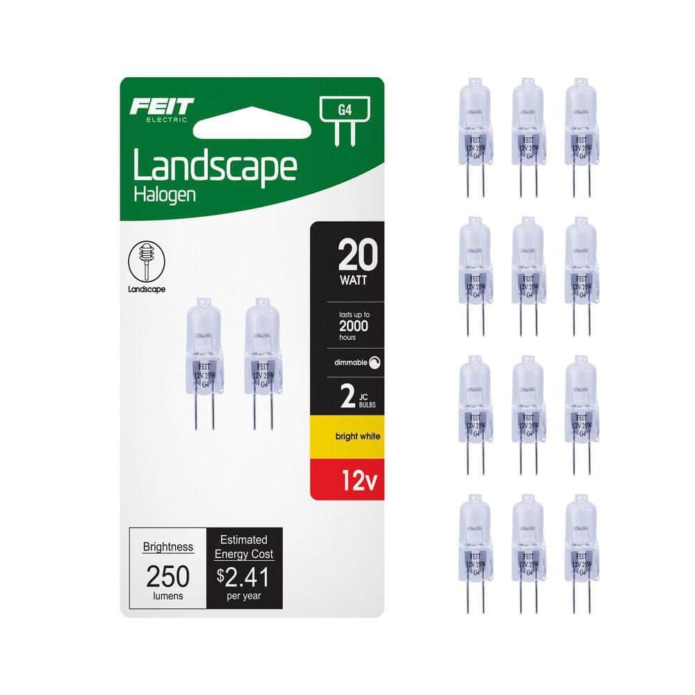 Feit Electric 20-Watt 12-Volt T3 JC G4 Bi-Pin Base Dimmable Landscape Garden Halogen Light Bulb, 2800K Bright White (12-Pack)