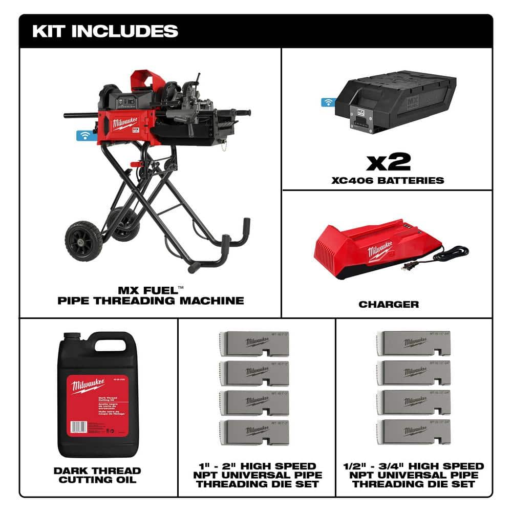 Milwaukee MX FUEL Lithium-Ion Cordless 1/2 in. to 2 in. Pipe Threading Machine w/BSPT Auto-Releasing Die Head w/Micro Adjustments (3)