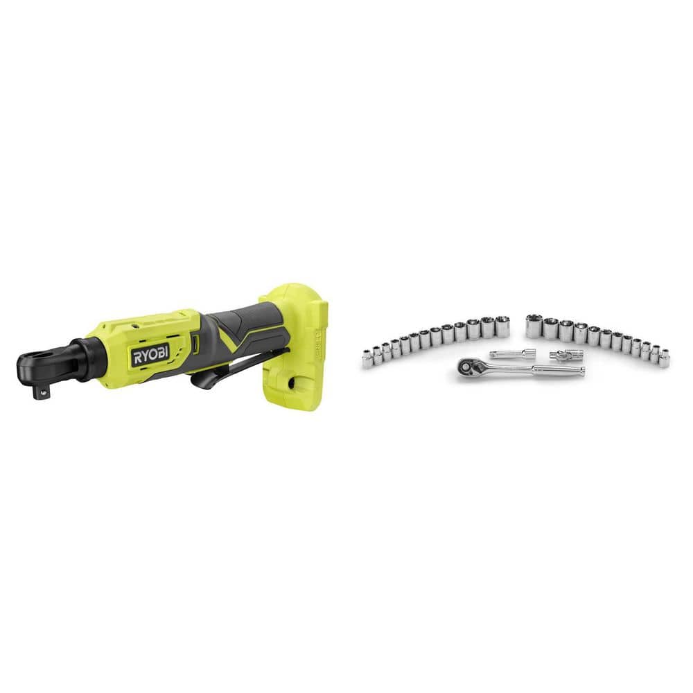 RYOBI ONE+ 18V Cordless 3/8 in. 4-Position Ratchet (Tool Only) & 3/8 in. Drive Mechanics Ratchet and Socket Set (28-Piece)