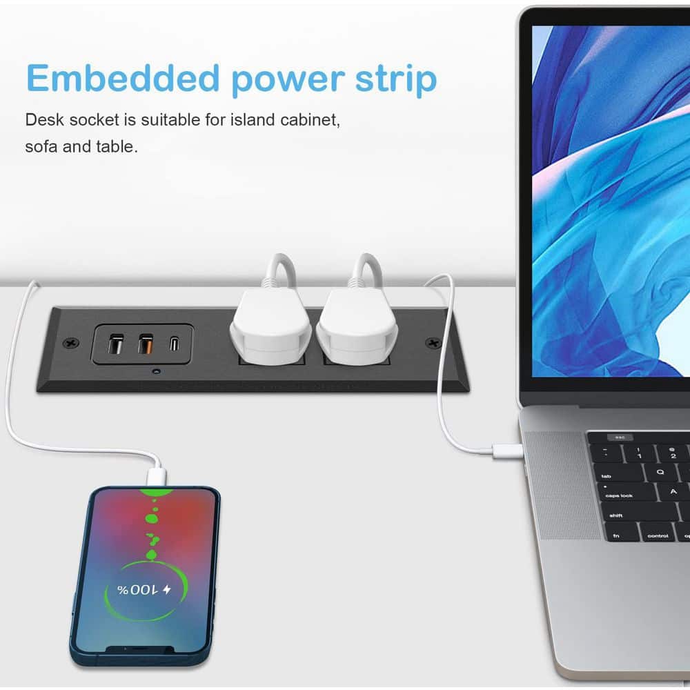 OBJLGEV 6 ft. cord 2-Outlet 2 USB-A Ports 1 USB-C Port Surge Protector with fast charging QC3.0 PD3.0 recessed power strip (2)