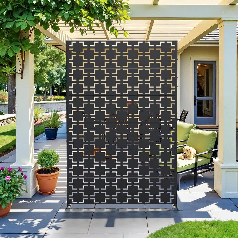 Lumioca 1-Piece 46.8 in. W x 71.37 in. H Black Square Metal Outdoor Privacy Screen Decorative Art Panel (6-Piece assembly) (2)