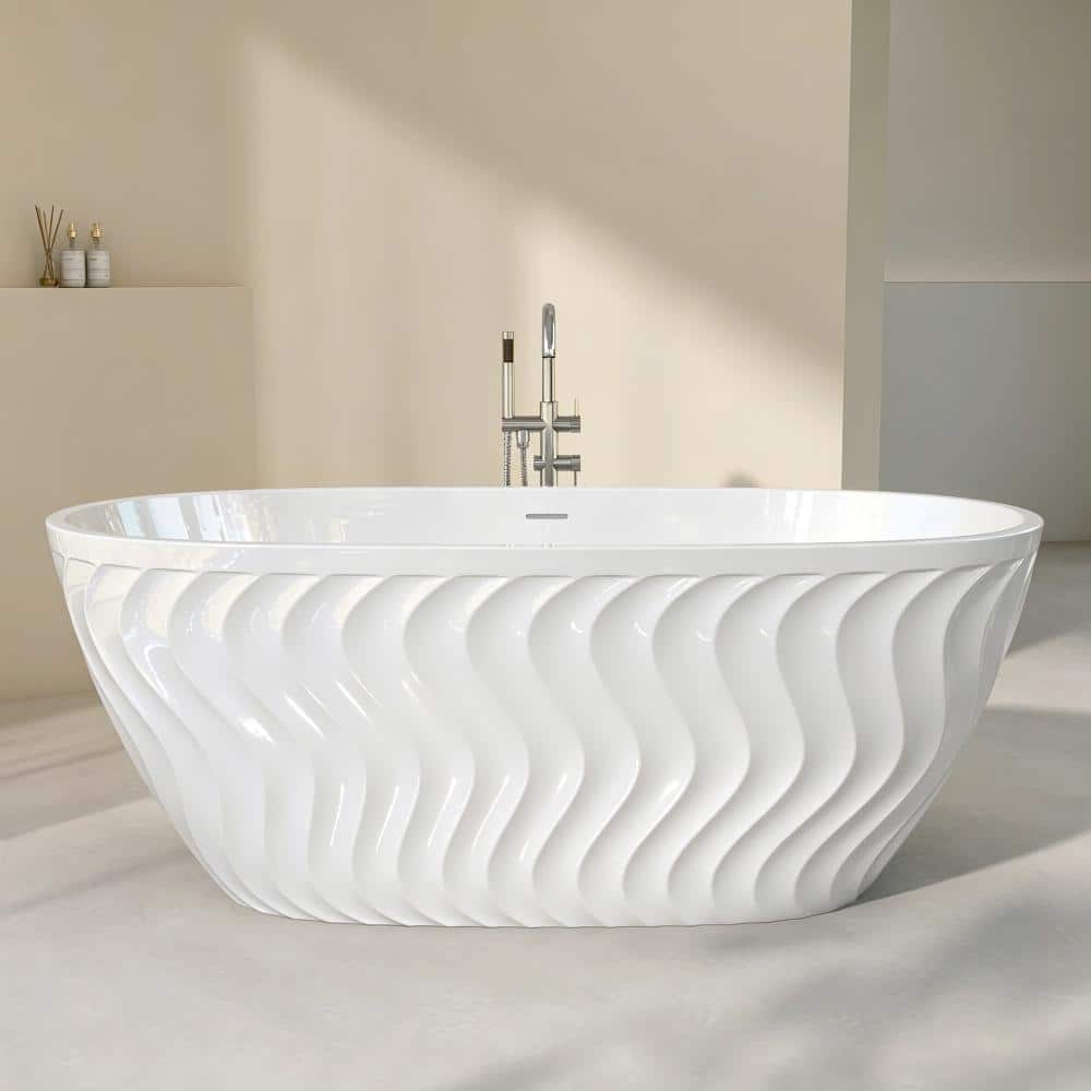 NTQ 59 in. x 29.5 in. Soaking Bath Tub Acrylic Free Standing Alone  Flatbottom Freestanding Bathtub in White (1)
