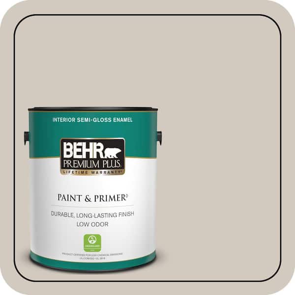 BEHR PREMIUM PLUS 1 gal. #PPF-21 Porch Swing Beige Semi-Gloss Enamel Low Odor Interior Paint & Primer (2)