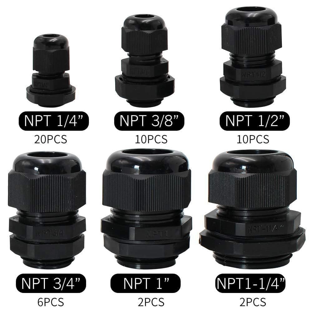BIBIVIS 1/4, 3/8, 1/, 3/, 1-1/4 in. Nylon Cord Grips Assortment, 50-Pack Cable Hood w/ Gaskets, IP68 Waterproof Black (2)