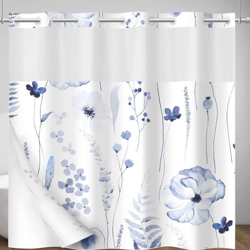Unbranded Floral No-Hook Shower Curtain with Snap-In Liner,Navy (1)