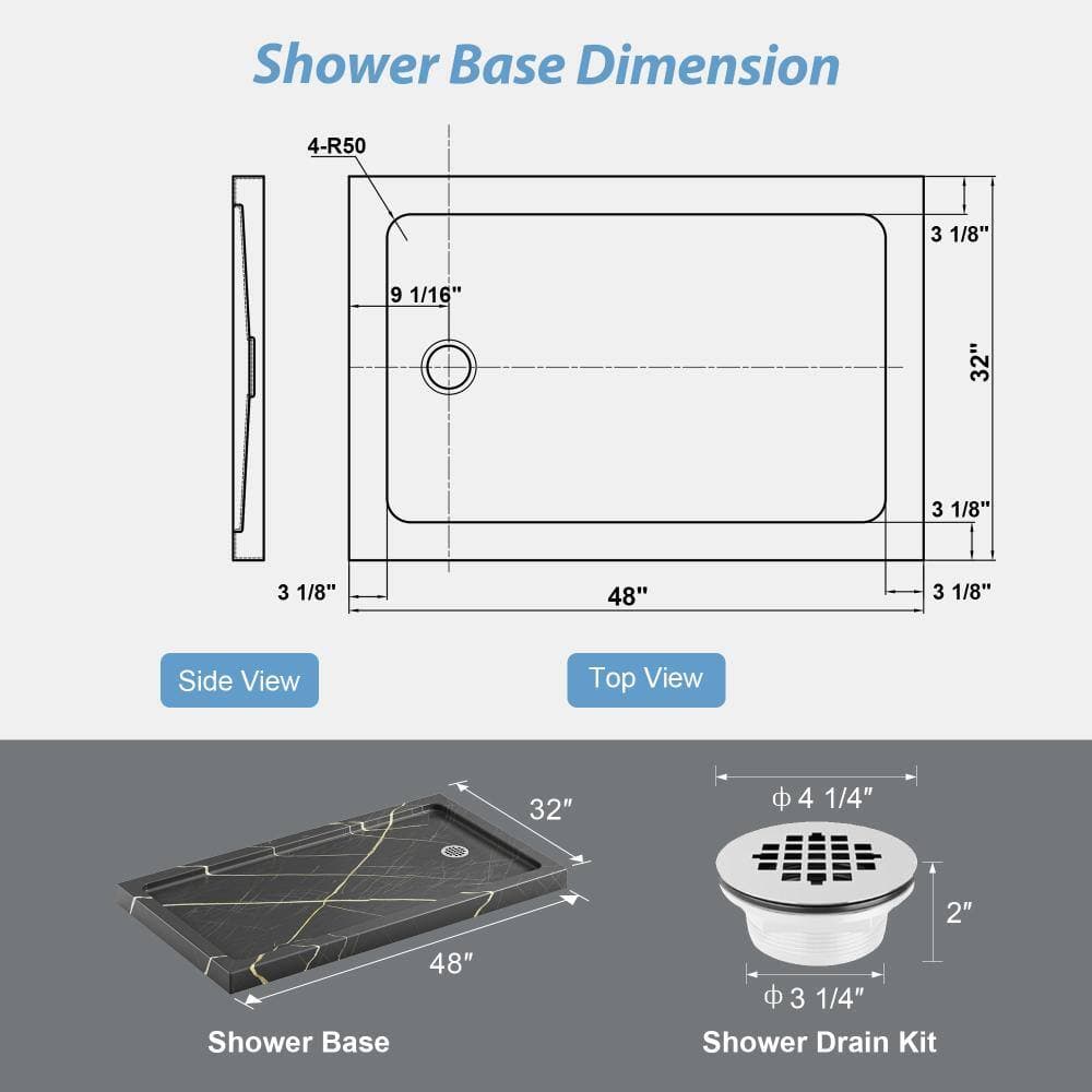 LMLMD 48 in. x 32 in. Shower Pan Base in Matte Black With Marble Pattern, Left/Right Drain and Detachable Flanges (3)