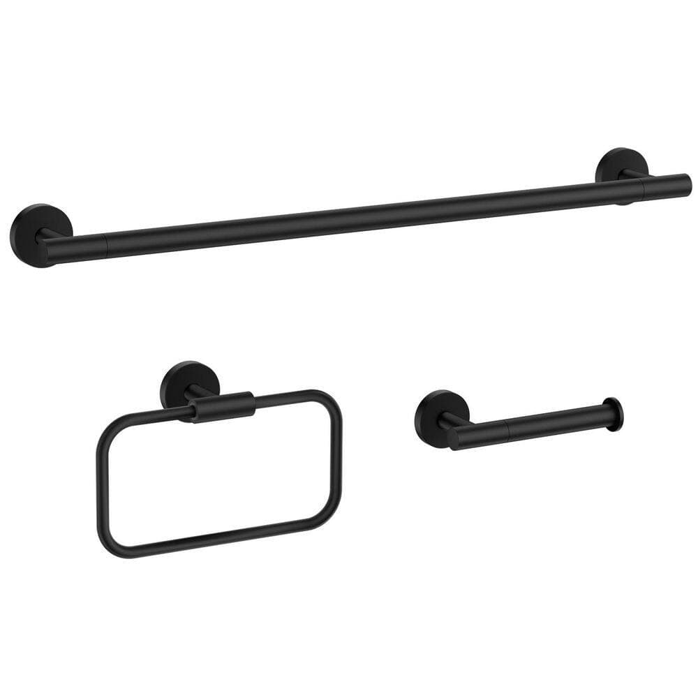 HOMEMYSTIQUE 3-Piece Bathroom Hardware Set with Towel Bar/Rack, Toilet Paper Holder, Towel Ring in Matte Black (1)