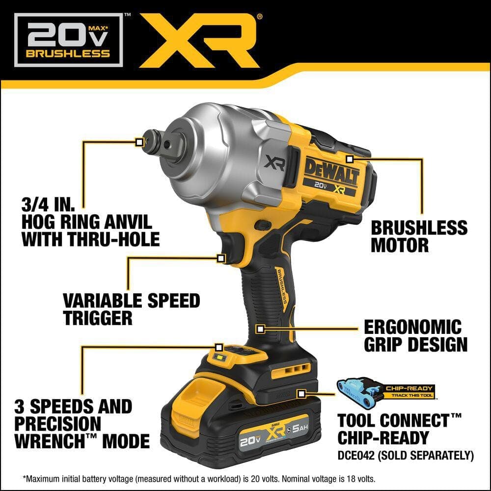 DEWALT 20-Volt Lithium-Ion Brushless Cordless 3/4" High Torque Impact Wrench Kit w/ Hog Ring Anvil with 5Ah Battery and Charger (2)