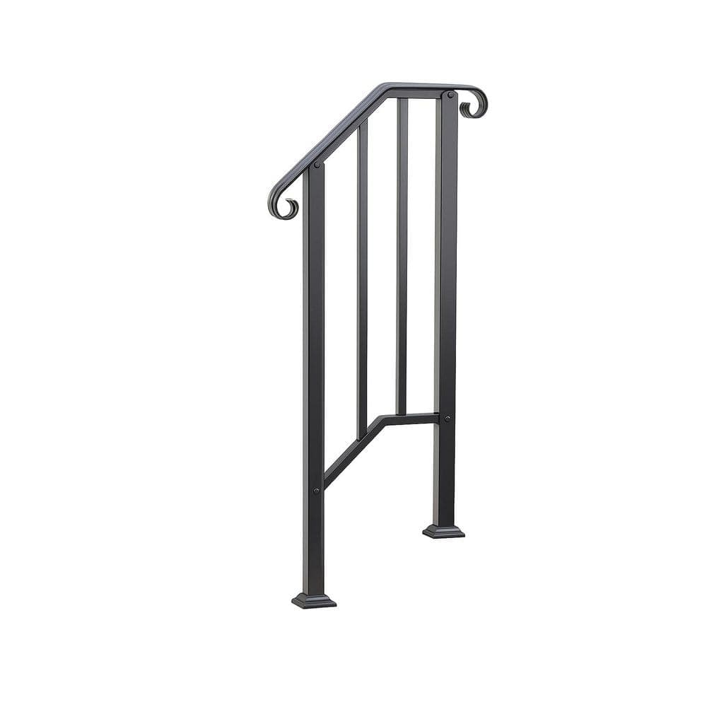 Afoxsos Wrought Iron Stair Railing for 1 or 2 Steps Metal Handrail with Installation Kit for Porch Deck Black (1)