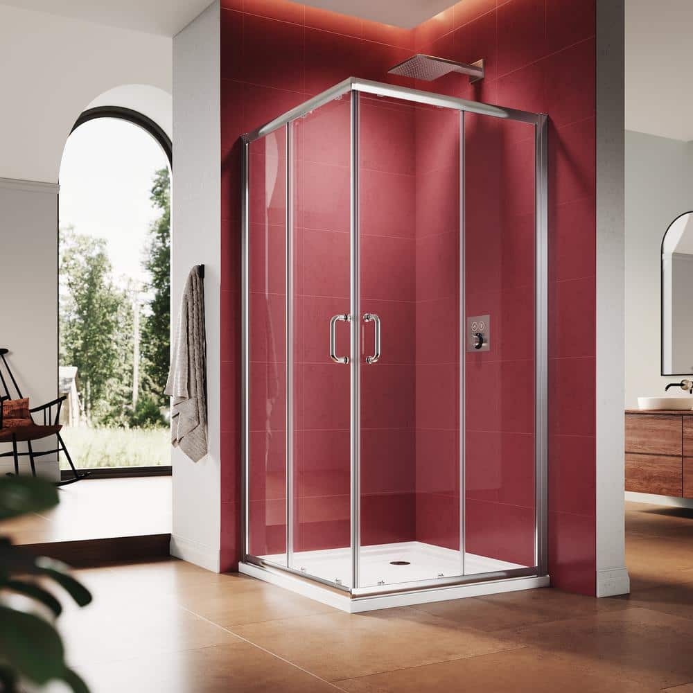 Unbranded 34 in. W x 72 in. H Square Double Sliding Framed Corner Shower Enclosure in Chrome Finish with Clear Glass (1)