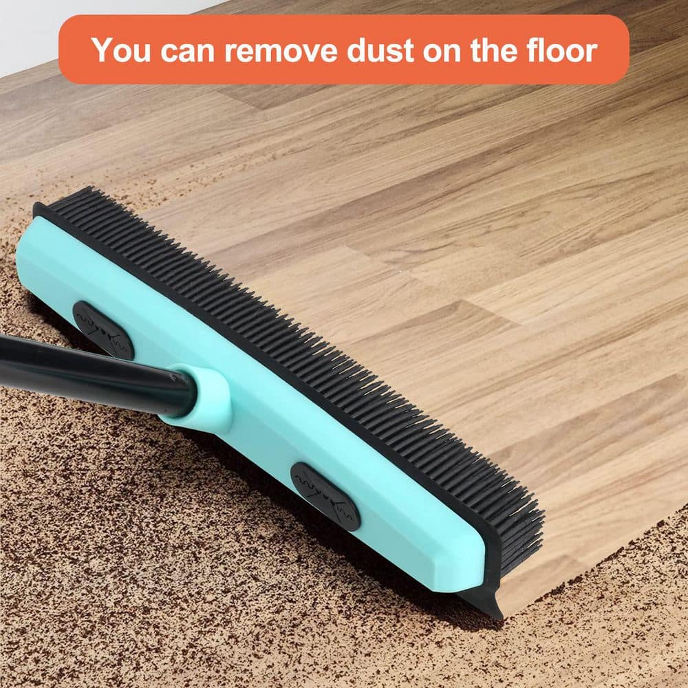 NVNOO 15 in. Rubber Brush Carpet Rake with 59 in. Telescoping Long Handle and Squeegee for Carpet, Hardwood Floor, Tile, Blue (2)