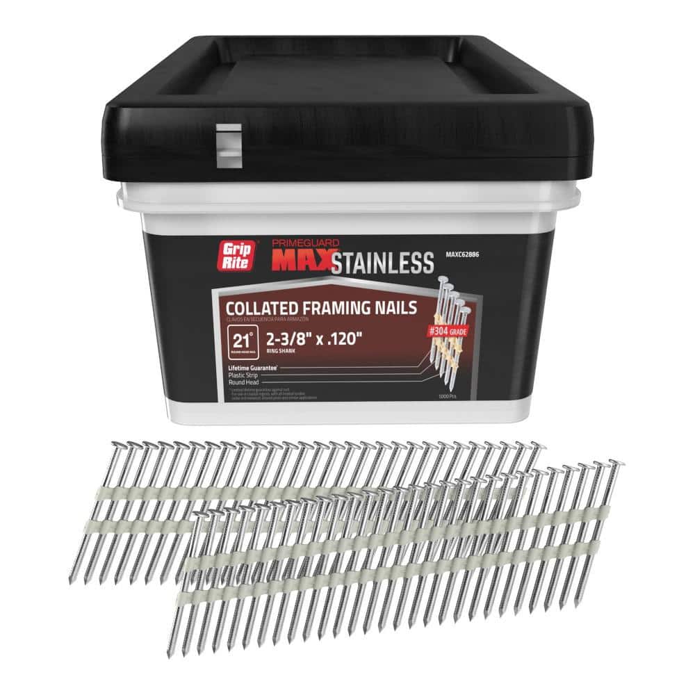 Grip-Rite 2-3/8 in x .120 in 21° Plastic Collated 304 Stainless Steel Ring Shank Round Checkered Head Framing Nails 1000 per Box