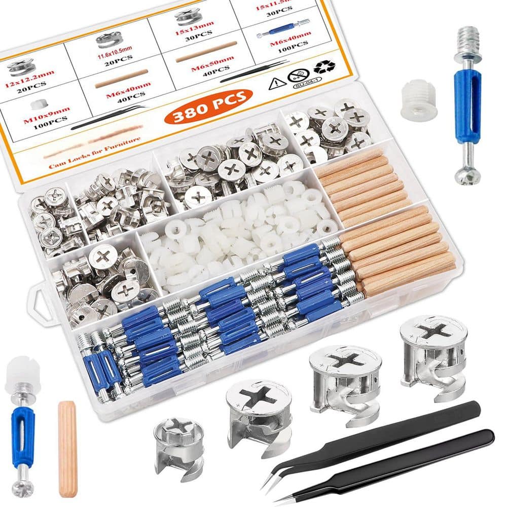 Wudkey 380-Piece Cam Locks with Multi-Size Cam Bolt and Wood Dowel Pins, 3-in-1 Eccentric Wheels Furniture Cam Lock Fasteners (1)