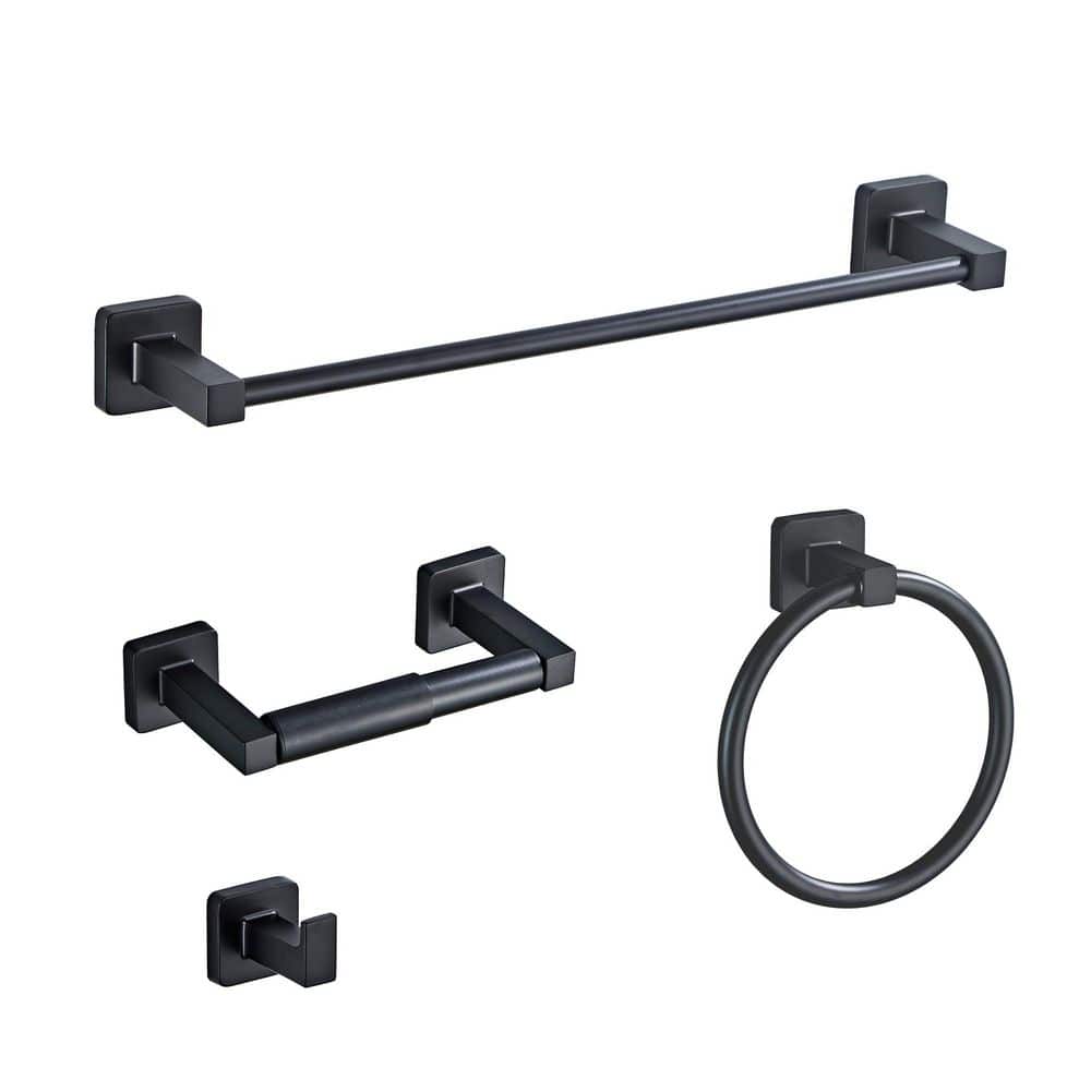 Wudkey 4-Piece Bathroom Hardware Set with Towel Bar, Ring, Hook & Toilet Paper Holder in Matte Black (1)