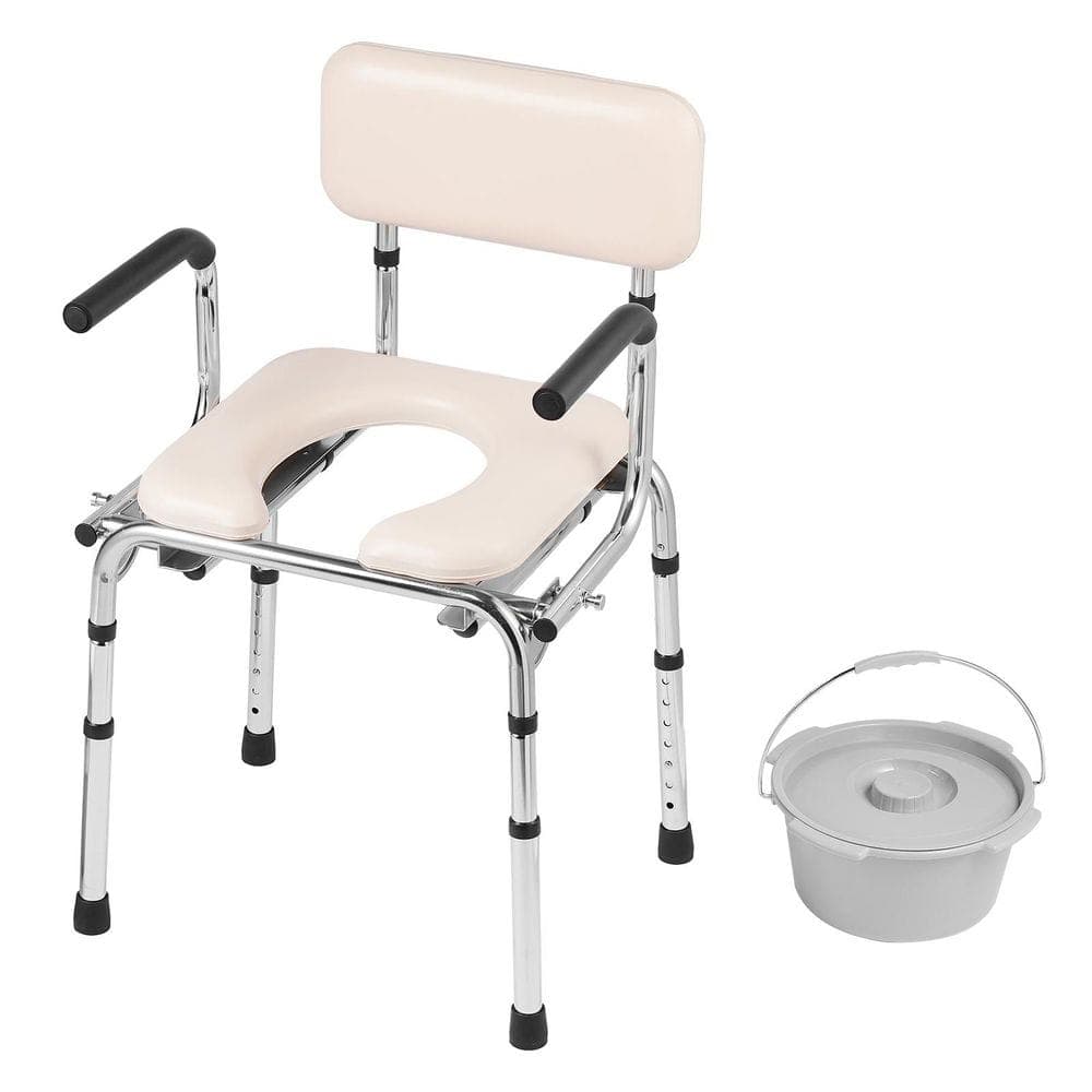 SVOPES Portable Commode Chair with Padded Seat, 5.8L Removable Bucket, Toilet Seat with Drop-Down Arms, 350lb. Capacity, Silver (1)