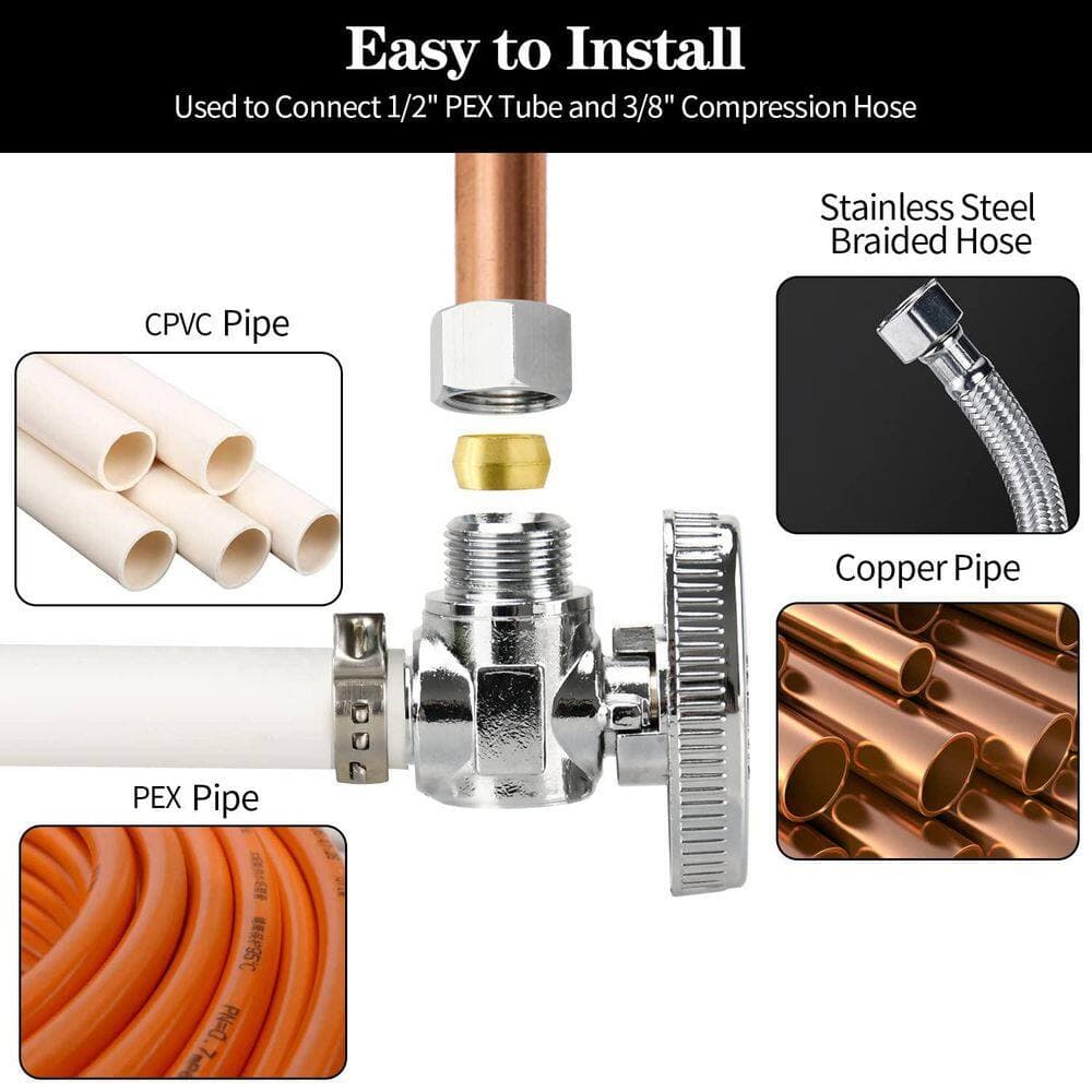 Wudkey 20-Piece Bathroom Accessory Set in Chrome, Stop Valves, 1/4 Turn Angle Valve, 3/8 in. OD Compression × 1/2 in. PEX (3)
