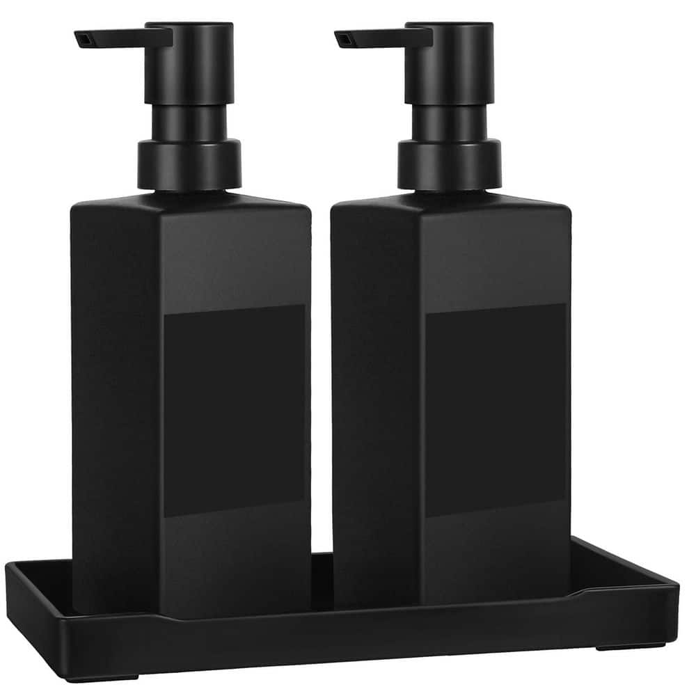 Wudkey Kitchen Soap Dispenser Set, Hand and Dish Soap Dispensers, Black Glass Soap Dispenser with Tray for Bathroom