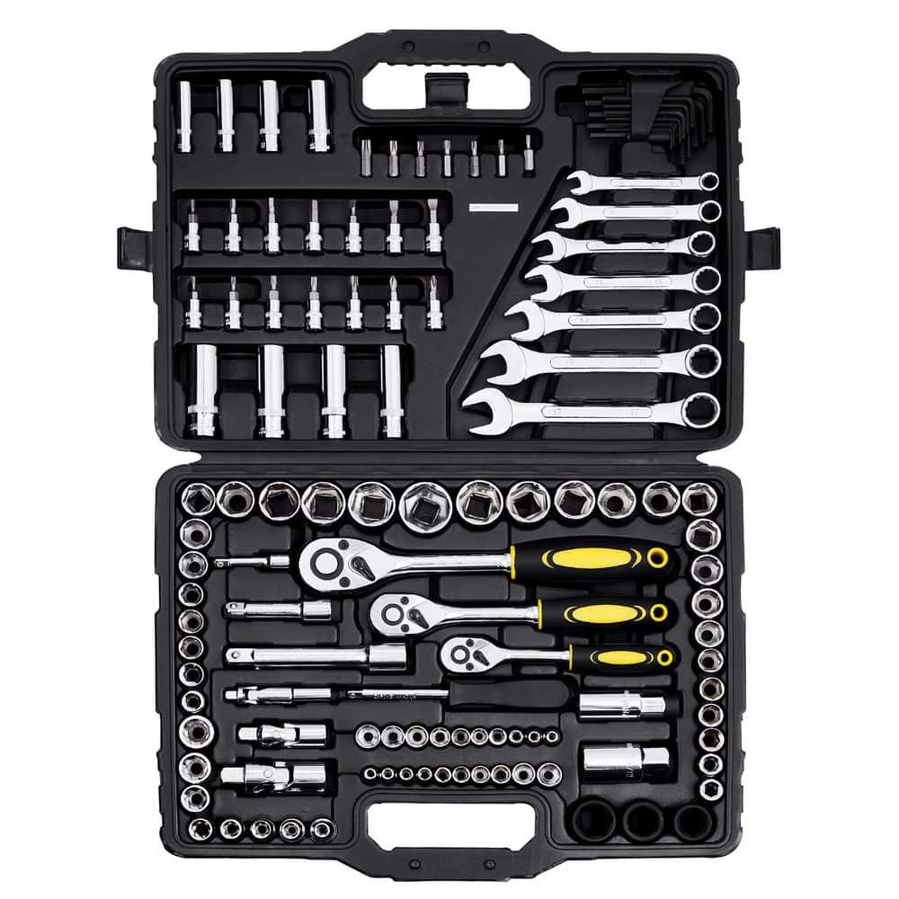 SKYSHALO 121-Piece Mechanics Tool Set, 1/4in. 3/8in. 1/2in. Drive Sockets, SAE + Metric Mechanic Tool Kit, for Automotive Repair (1)