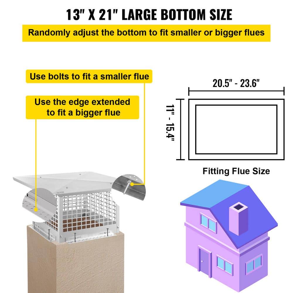 VEVOR Chimney Cap 13 in. x 21 in. Flue Caps 304 Stainless Steel Fireplace Chimney Cover Chimney Flue Cover (3)