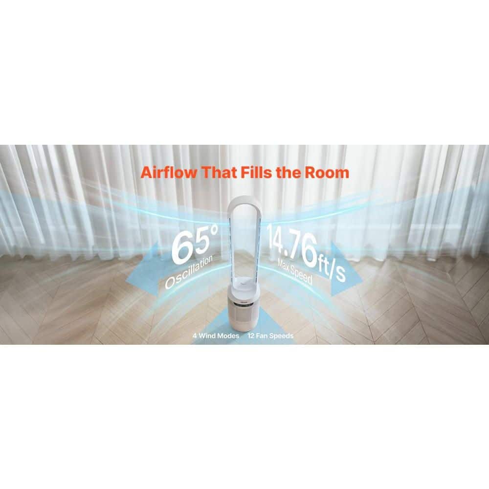 Amucolo 40 in. High Velocity Floor Air Circulator Bladeless Tower Fan in White with 65° Oscillating, 12 Speeds 4 Modes, 8H Timer (3)