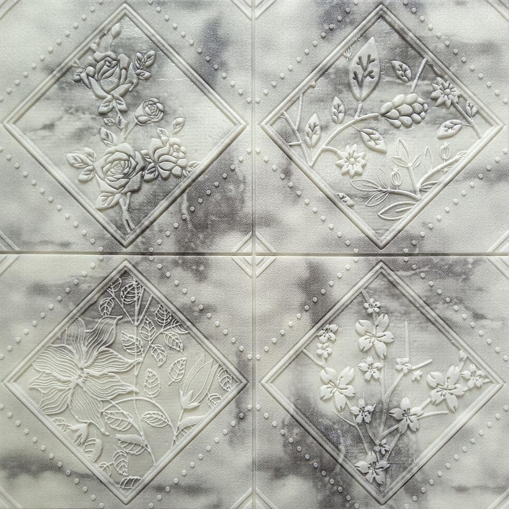 Dundee Deco Falkirk Jura II 1/3 in. 28 in. 28 in. Peel and Stick Off White Charcoal Flowers Rhombus Foam Decorative Wall Paneling (1)