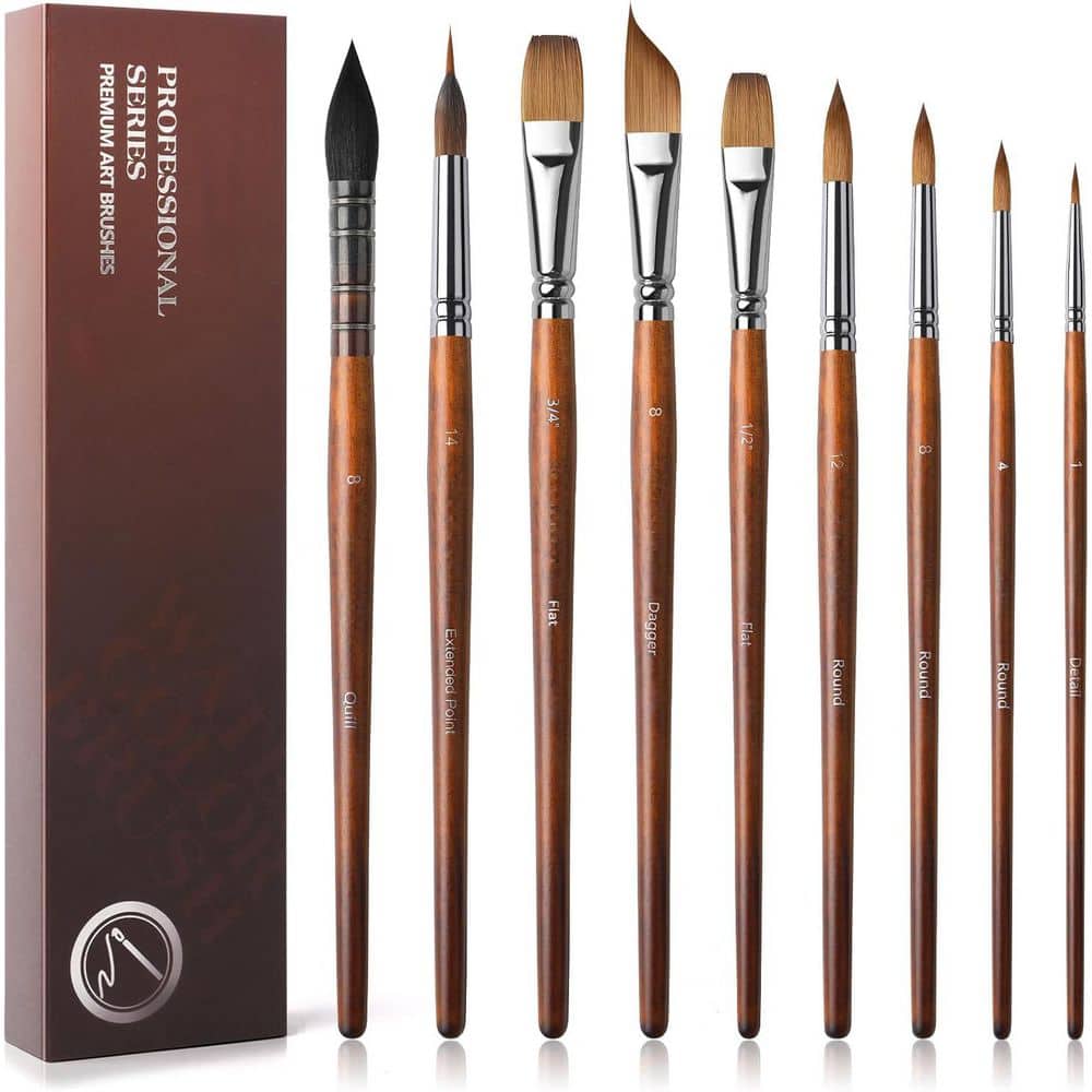 KIWDZFU 9-Piece Professional Watercolor Paint Brushes Set with Sable and Natural Squirrel Mop Brush for Watercolor Gouache Inks (1)