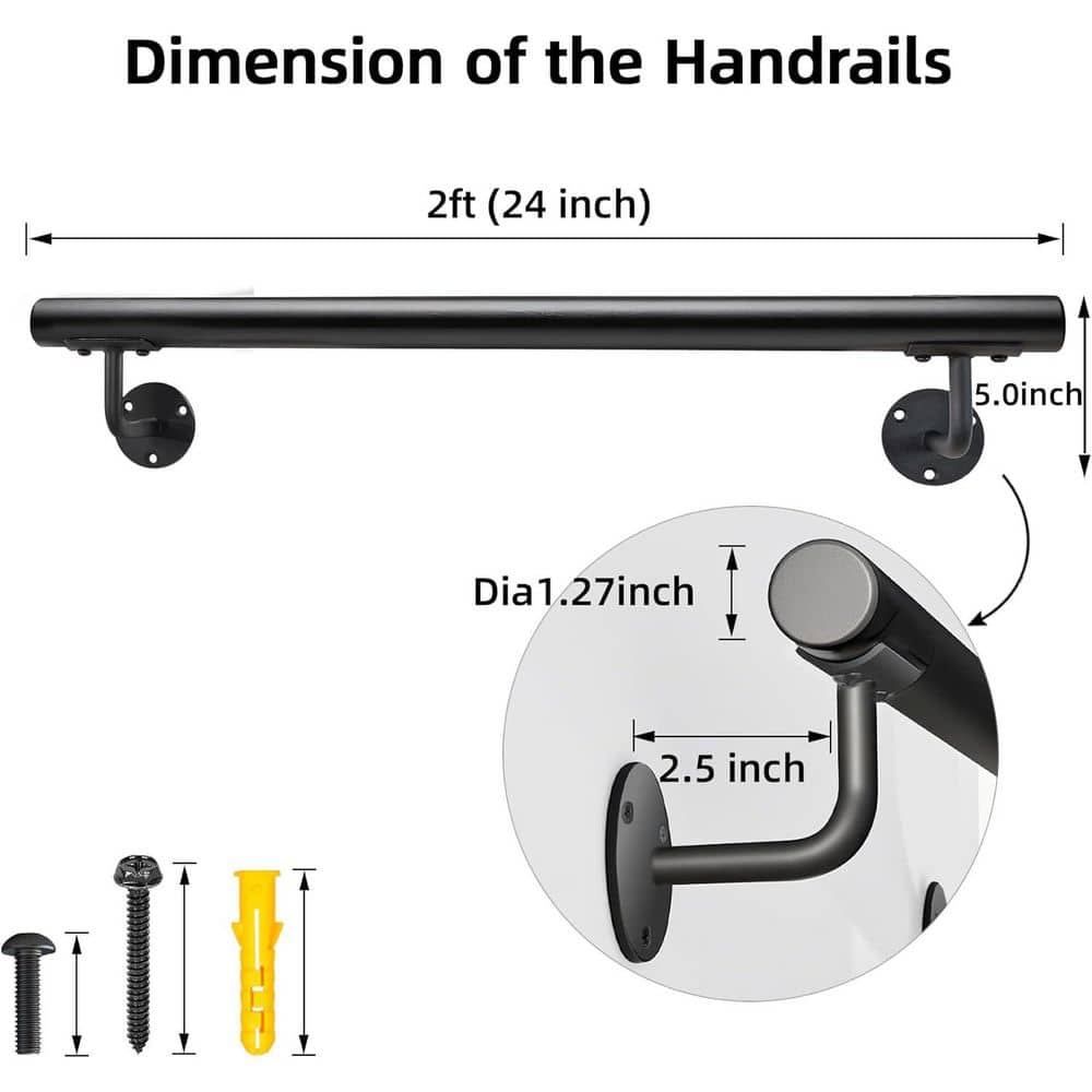 Afoxsos 24 Inch Metal Stair Handrail Indoor Outdoor Square Pipe Wall Mount Rail for Porch Patio Steps Iron Banister Railing (2)
