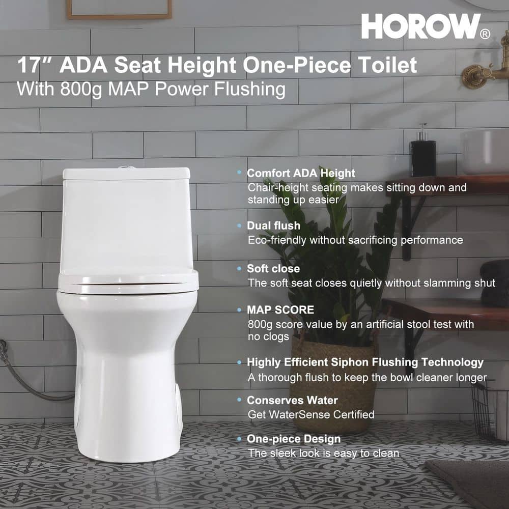 HOROW 1-piece 1.1/1.6 GPF High Efficiency Dual Flush Elongated Toilet in White, ADA Height, Soft-Close Seat Included (3)