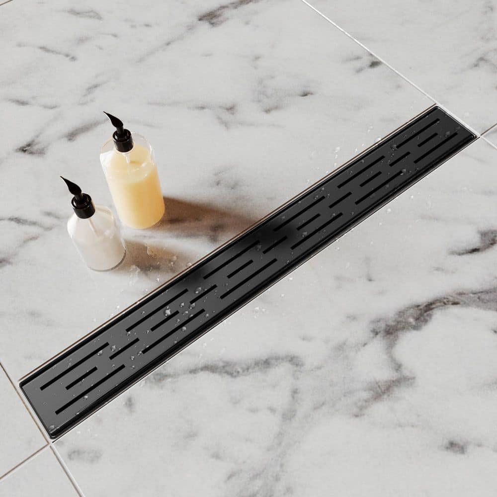 BATHADORE 32 in. Linear Shower Drain, Brick Pattern 304 Stainless Steel Floor Drain with Hair Strainer in Brushed Matte Black (2)