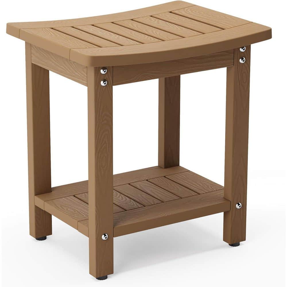 Anqtovp 13.8 in. W Freestanding Waterproof Shower Bench with Storage Shelf, Non-Slip Spa Stool for Shaving Legs, Brown Finish (1)