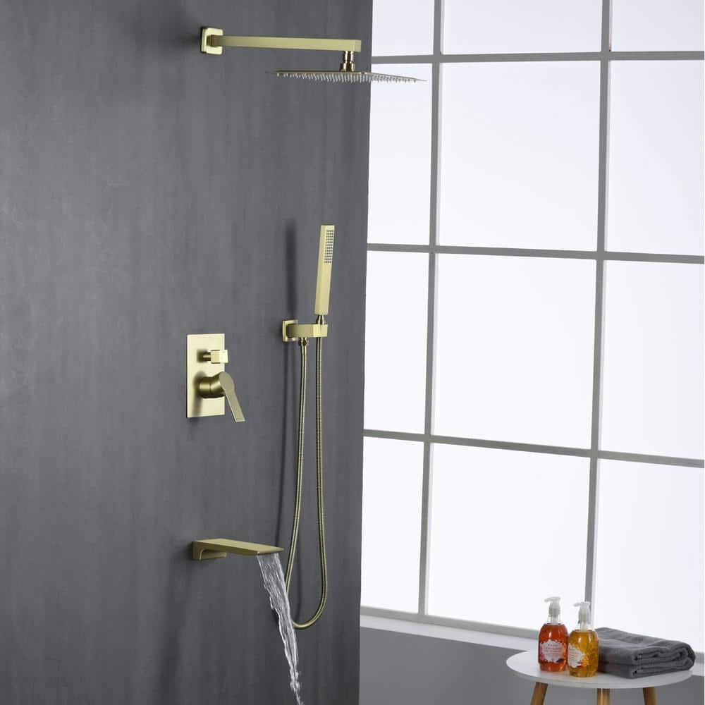 Aurora Decor ACA Single-Handle 3-Spray Square with 1.8 GPM 10 in. Wall Mount Dual Shower Faucet in Brushed Gold (Valve Included) (2)