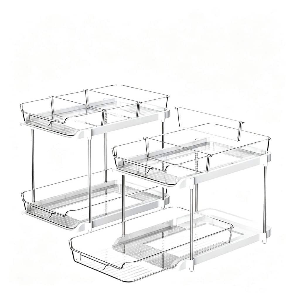 Wudkey 2-Piece Bath Accessory Set in White, 2-Tier Pull Out Under Sink Organizer with Movable Dividers, Bathroom Storage Rack (1)