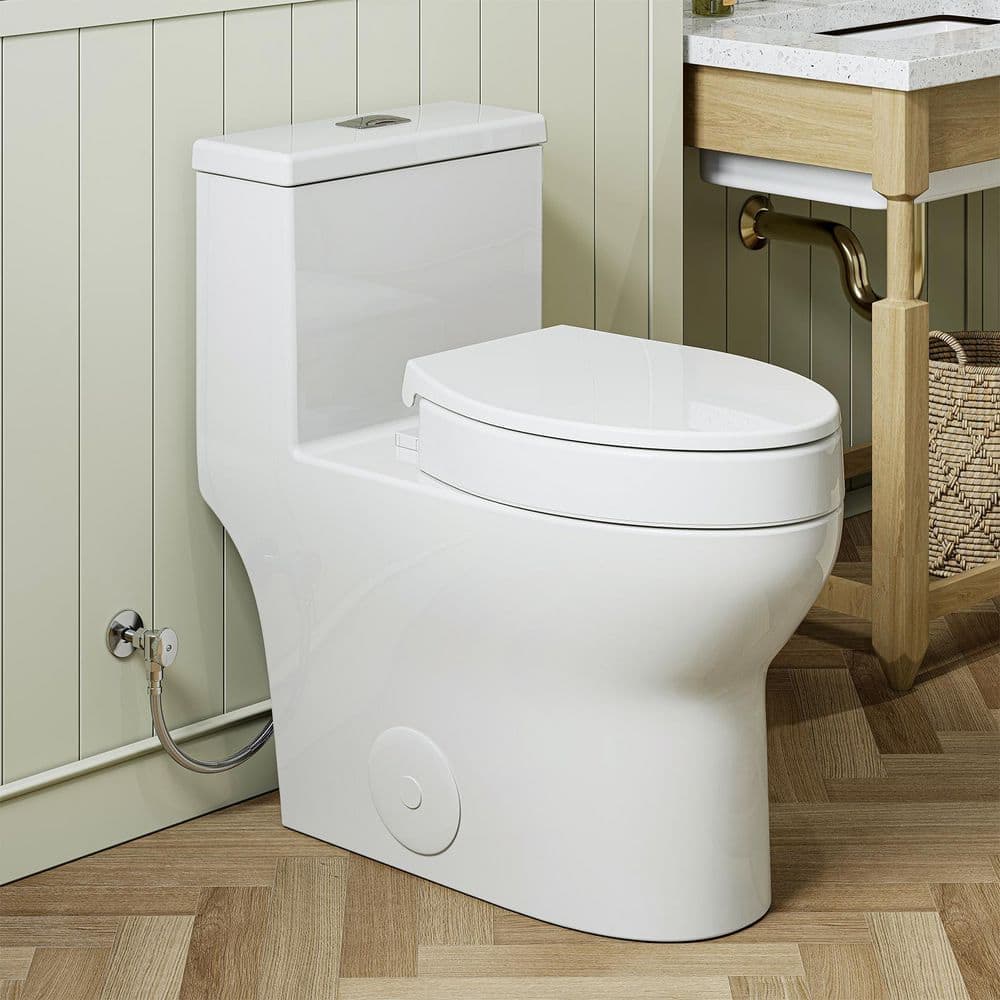 HOROW 1-Piece 0.8/1.28 GPF Dual Flush WaterSense Elongated Toilet in White with Lockable Toilet Seat Riser, Seat Included (1)