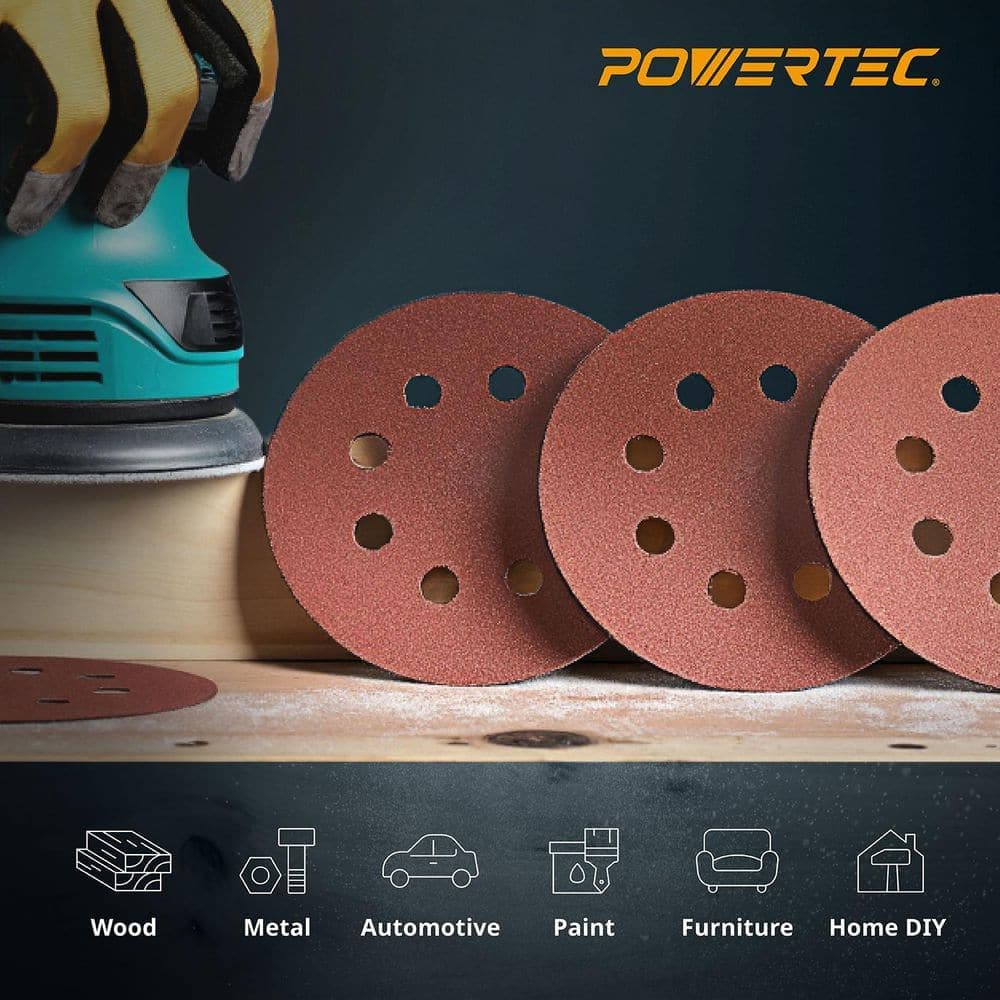 ‎POWERTEC 5 in. 320-Grit Aluminum Oxide Hook and Loop 8-Hole Disc (25-Pack) (3)