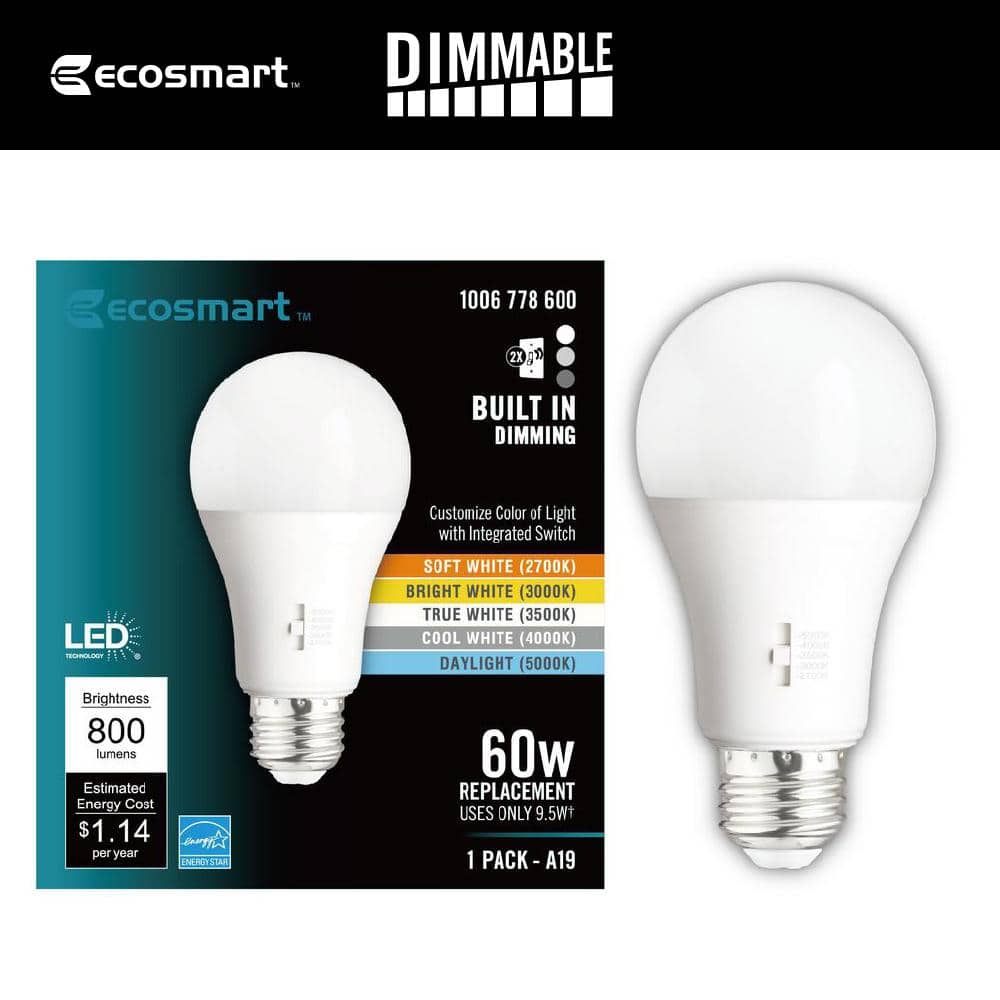 EcoSmart 60-Watt Equivalent A19 E26 Base CEC Built in Dimming LED Light Bulb with Selectable Color Temperature (1-Pack) (2)
