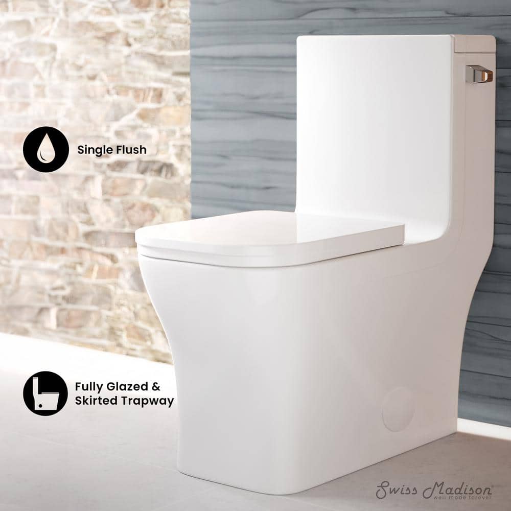 Swiss Madison Concorde 1-piece 1.28 GPF Single Flush Square Toilet in. Glossy White Seat Included (2)