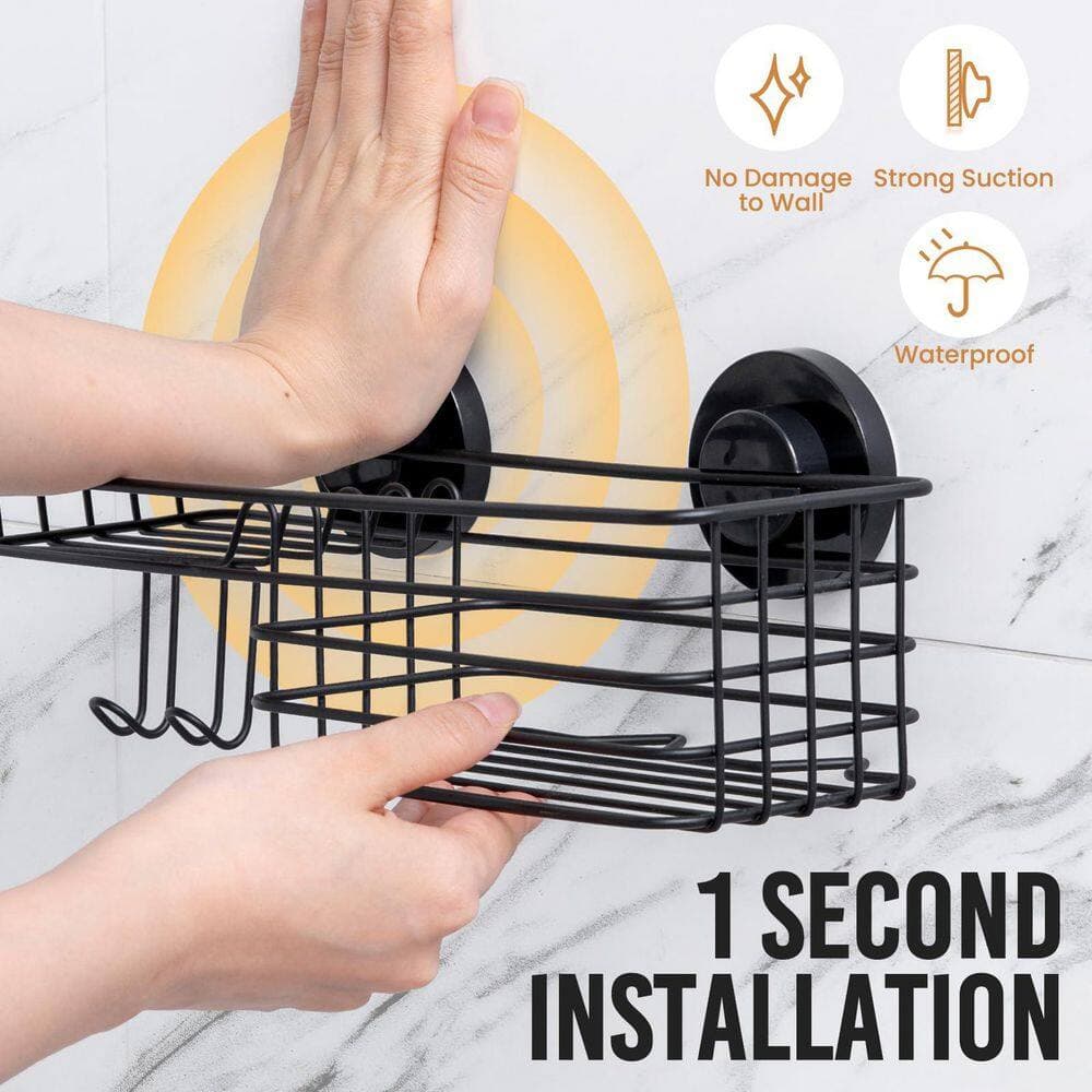Wudkey 2-Pack Shower Caddy Suction Cup, Suction Shower Shelf with Hooks and Soap Holder, NO-Drilling in Black (2)