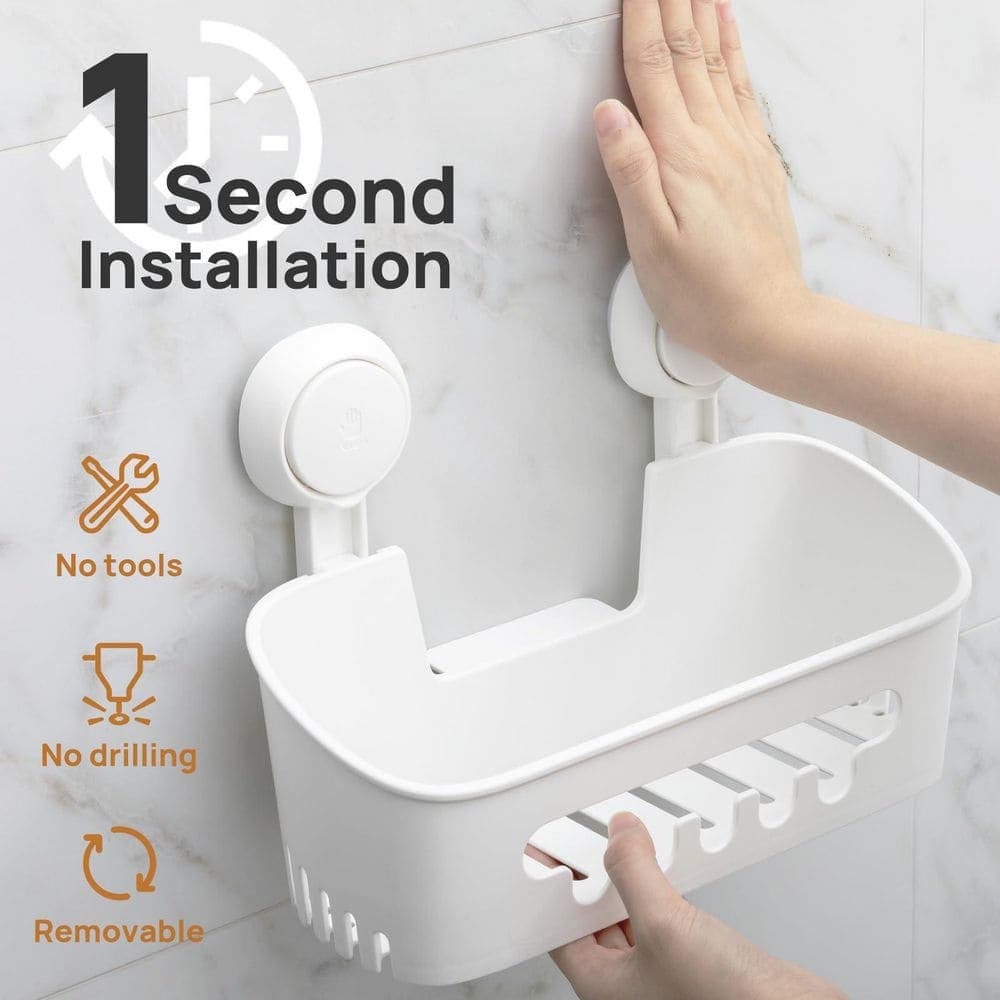 Numhew 4.13 in. D x 10.63 in. W x 4.13 in. H Removable Bathroom Shelf, Shower Caddy Suction Cup, White (2)
