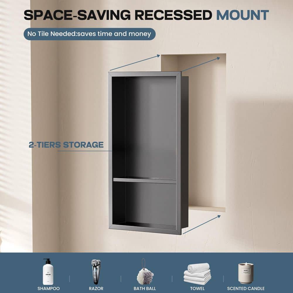 Yuaris 12 in. W x 18 in. H x 4 in. D Waterproof Recessed Shower Niche with Double Shelves in Matte Black, No Tile Needed (2)
