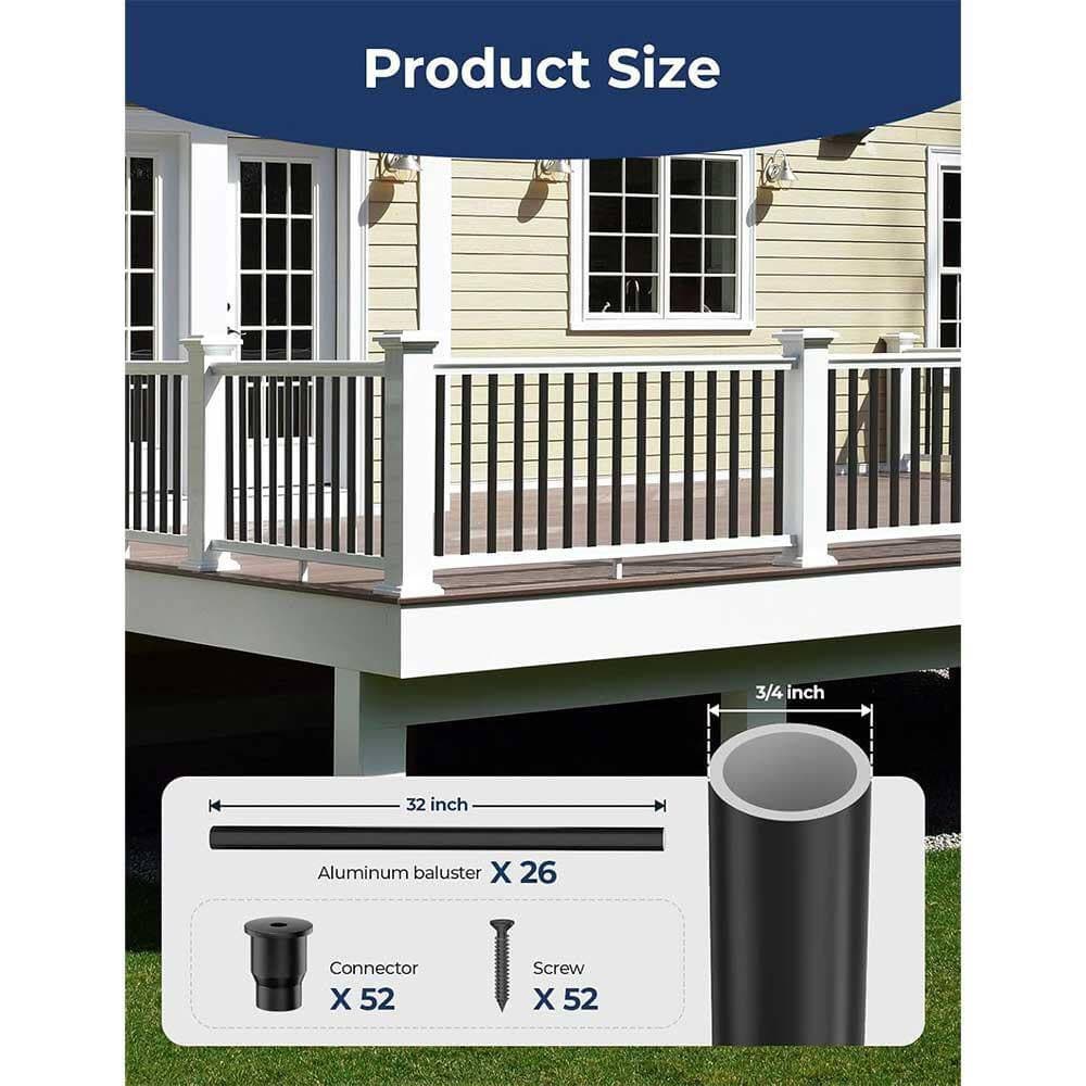 Afoxsos 32 Round Aluminum Deck Balusters Black Staircase Spindles with Connectors for Outdoor Porch Railings 26-Pack 0.75" W (2)