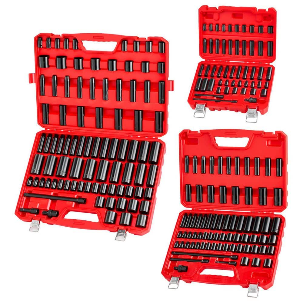 VEVOR 210-Piece Impact Socket Set, 1/4,3/8,1/2 in. SAE (3/16 to 1-1/4 in. ) and Metric (4-32 mm), Cr-V Steel, with Extensions