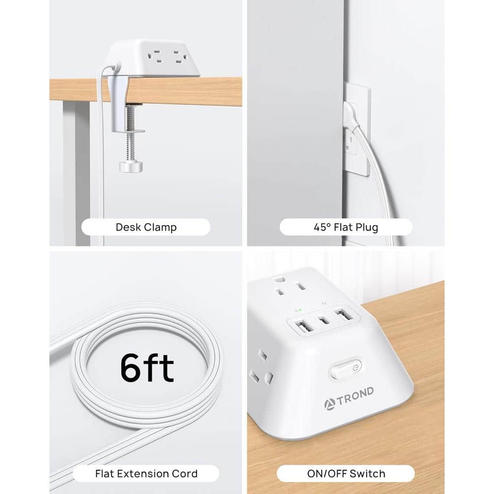 Ahfiwaso 5-Outlet Desk Clamp Power Strip Surge Protector with 3-USB Ports and 6 ft. Cord 2.5 in. Tabletop Edge Thick in White (3)